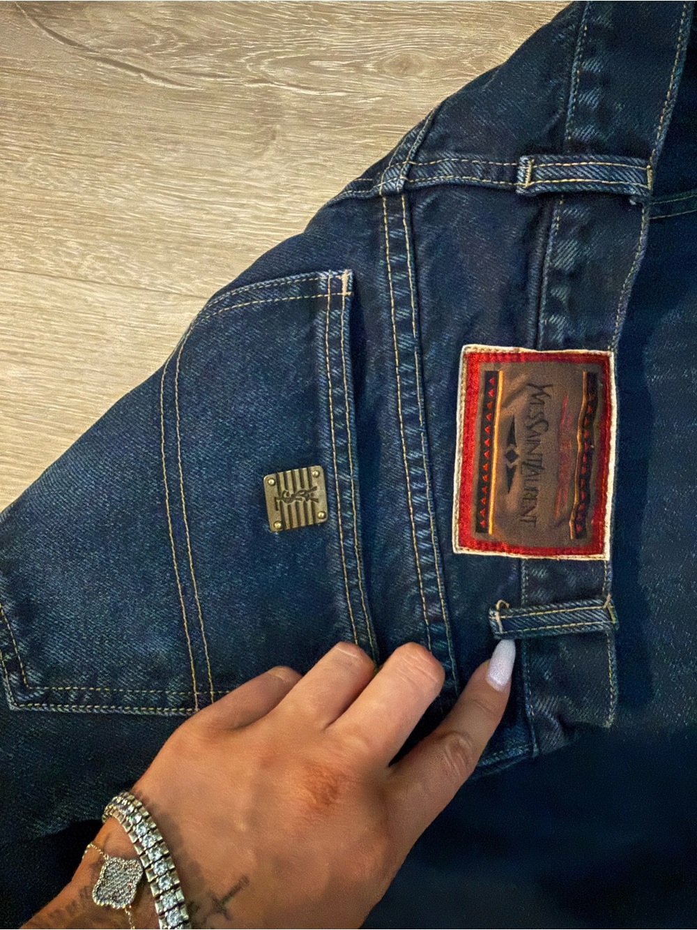 Yves Saint Laurent Slim Men's Dark Blue Denim Jeans with Leather Logo Patch